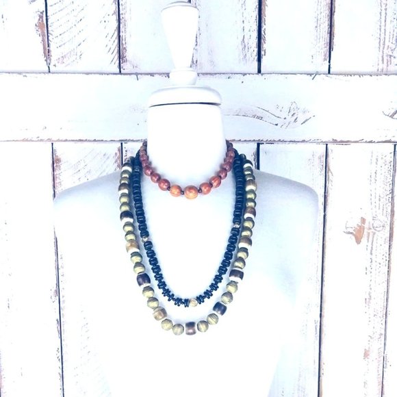 Vintage Jewelry - Chunky wood bead boho necklace set